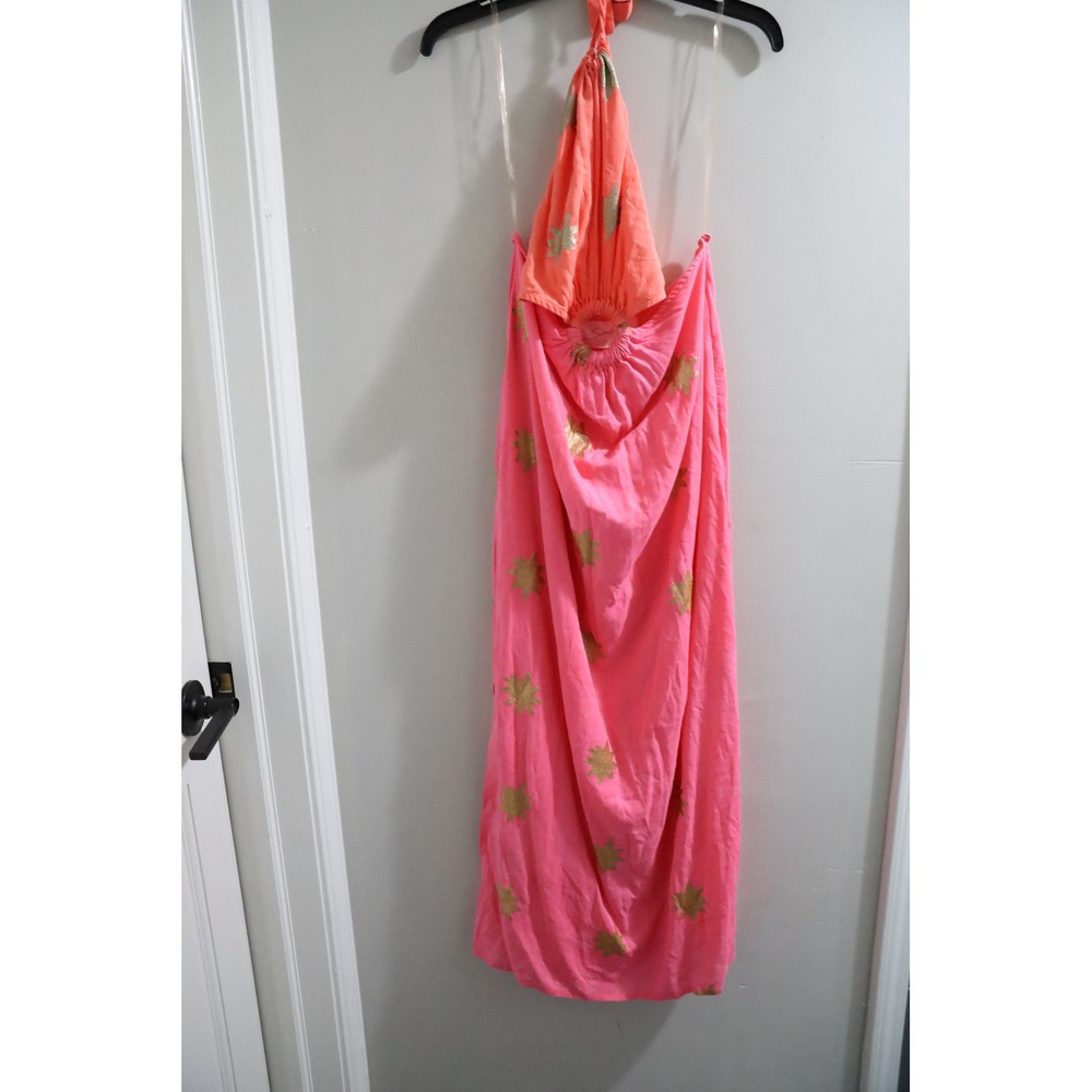 Sundress Pink Orange Gold Glitter Star Halter Maxi Dress Side Slit Small